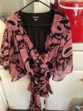 City Chic Black and Pink Paisley Wrap Blouse
